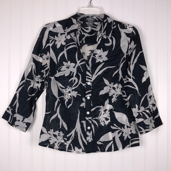 Ann Taylor Tops - Ann Taylor Petites Navy Blue/White Floral Blouse